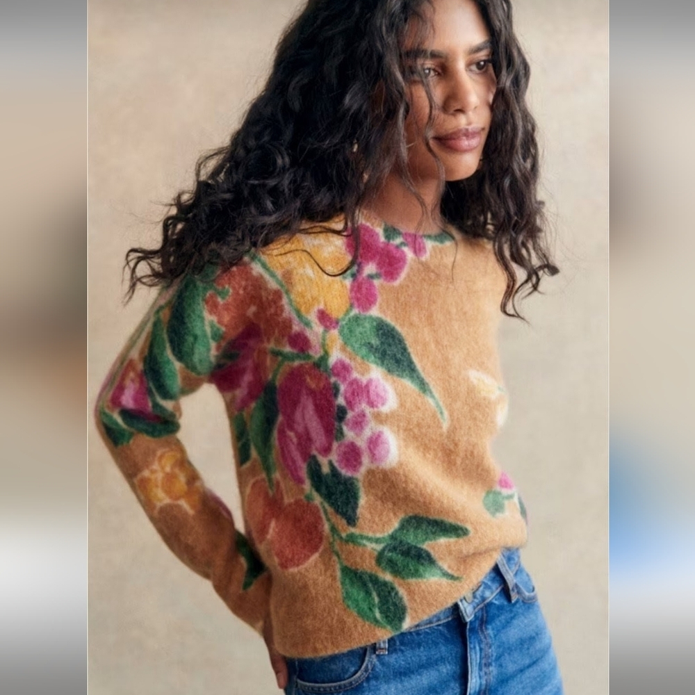 SÉZANE x AIMIE Abril Mohair Knit Sweater In Passion Flowers Brown Pink M RARE